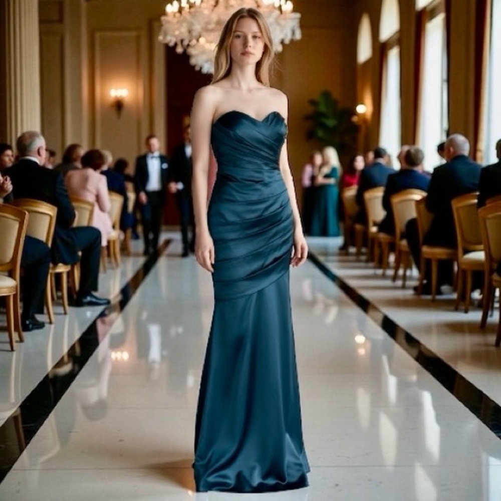 NWT Strapless Satin Teal Mermaid Style Prom Gown in Original Bag  Size: 2